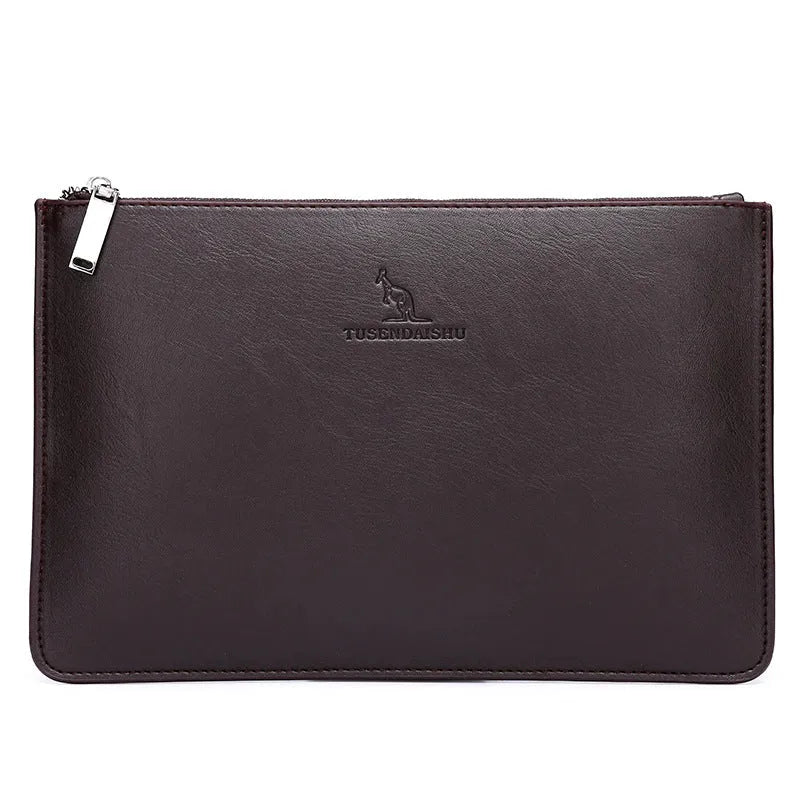 Men's black checkered PU leather clutch showing card slots and zipper pocket