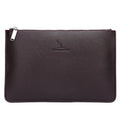 Men's black checkered PU leather clutch showing card slots and zipper pocket