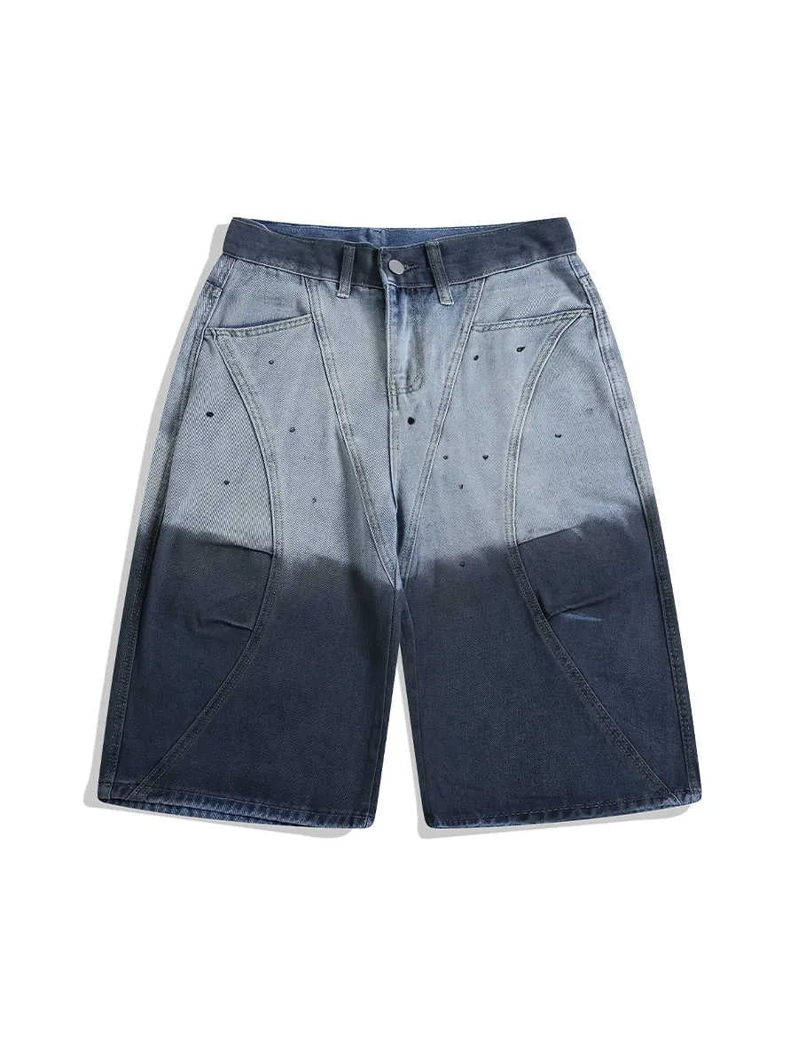 Blue tie-dye gradient cropped jeans with worn-washed finish and loose casual fit