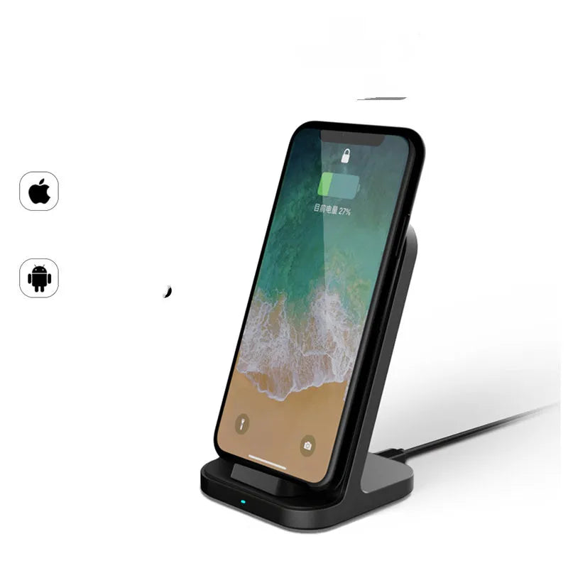 Dark grey vertical wireless charger for Apple iPhone on desktop