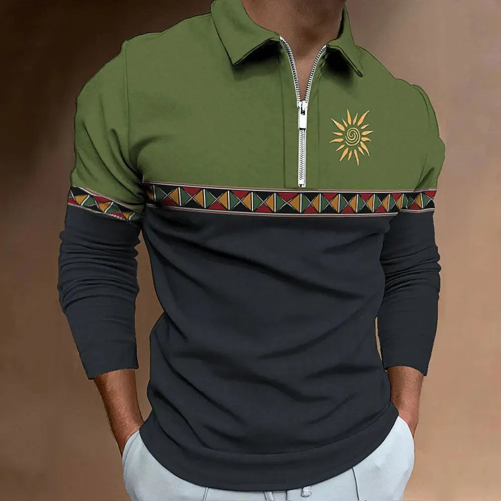 Men's retro print loose fit long sleeve t-shirt with striped pattern and zip decoration