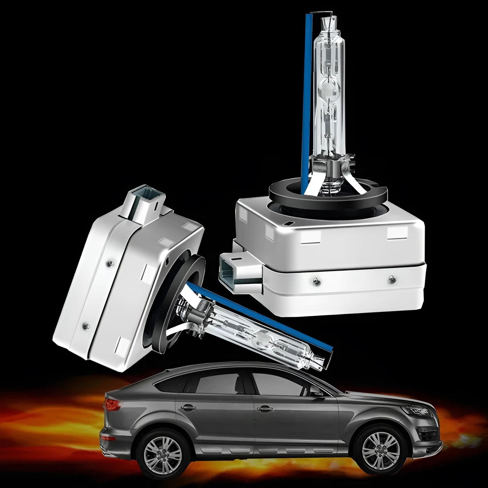 Xenon car headlight bulb and lens assembly in aluminium shell for D1S or D1R fitment.