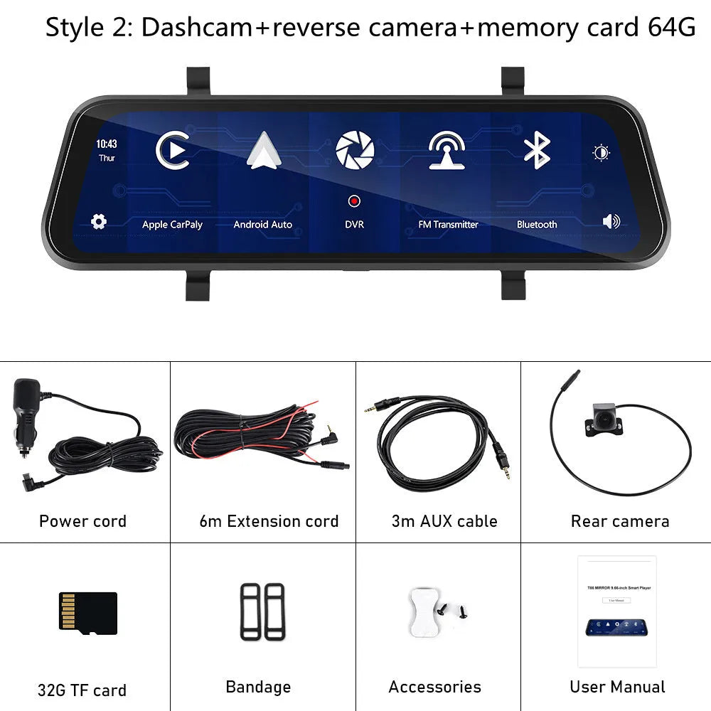 9.66-inch HD car video mirror monitor with reverse camera and mounting kit on a dashboard.