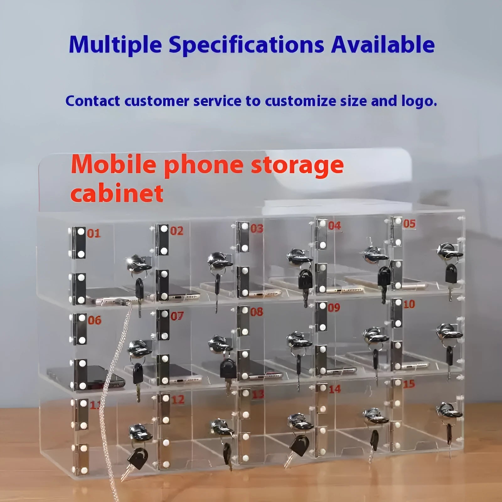 Clear acrylic mobile phone storage cabinet with charging holes, multiple compartments for office desk organisation