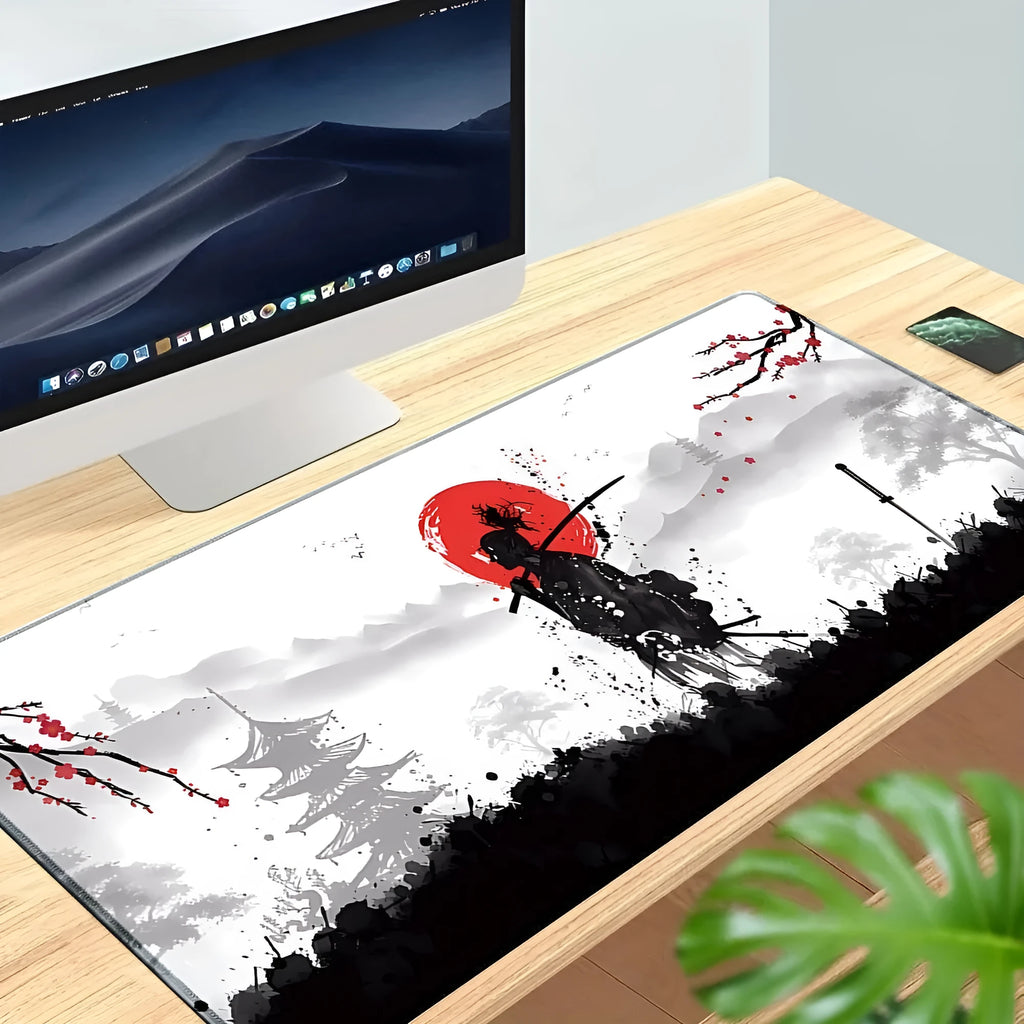 Japanese Samurai design gaming mouse pad with non-slip cloth base on desk