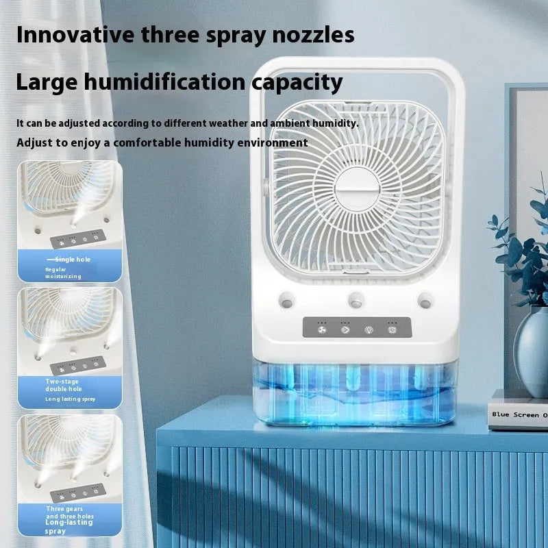 White household cooling fan with USB-C charging port, adjustable head, water tank, and colourful night lights