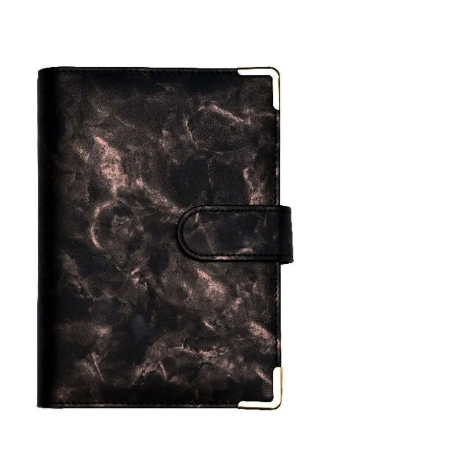 A6 loose-leaf binder journal with marbling leather PU cover, open to show budget sheets and zip pockets
