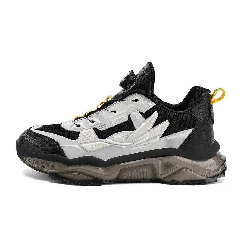Men's black rotating button dad shoes with a mesh upper and platform sole