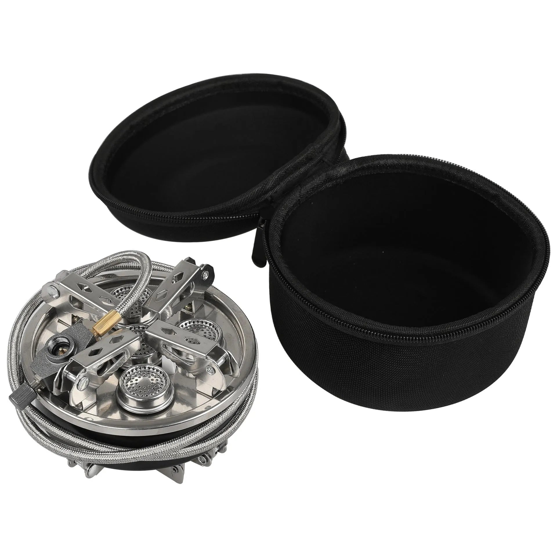 Silver portable stainless steel split camping stove shown unfolded with a 100cm fuel hose.