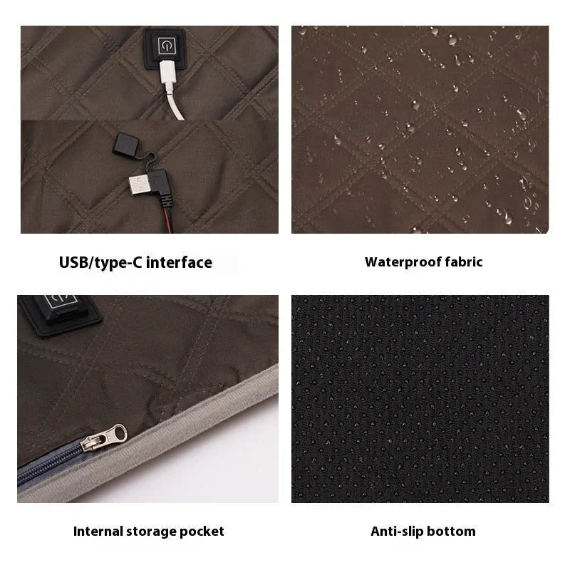 Pet Smart low voltage 5V USB dog heating pad in brown plastic on floor