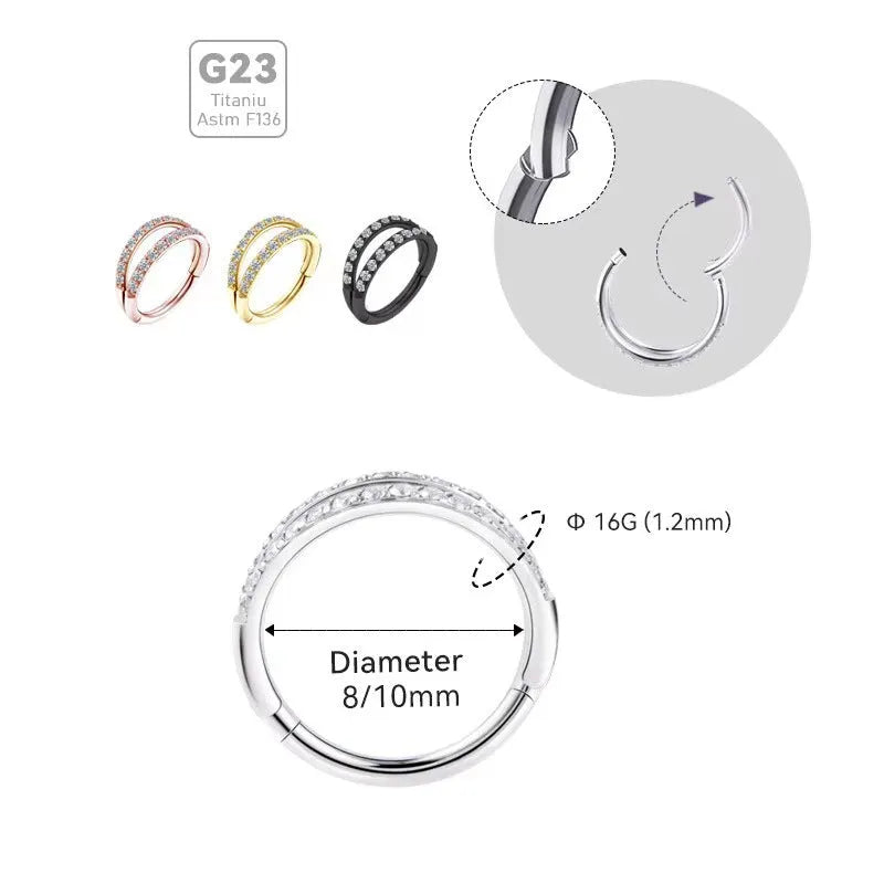 G23 titanium alloy nose ring with monoclinic diamond coating in steel or gold colour, showing size options.