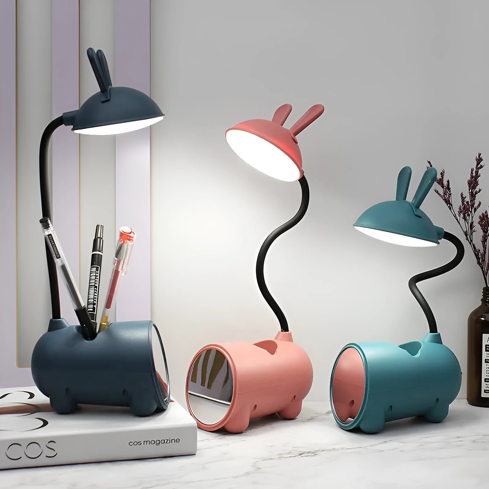 Cartoon-style USB desk lamp with integrated pen container in green colour