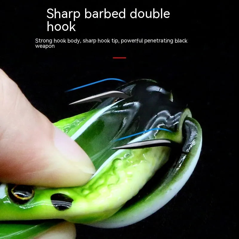 Bionic thunder frog snake head fishing bait with double hooks in grass green and black yellow dots colour