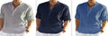 Men's slim-fit long sleeve shirt in a cotton linen blend with a stand collar, shown in a light blue colour.