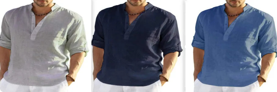 Men's slim-fit long sleeve shirt in a cotton linen blend with a stand collar, shown in a light blue colour.