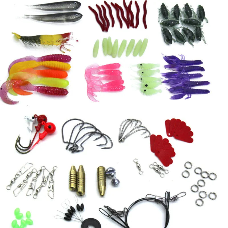 Rose red treasure coloured 132-piece fishing lure suit with soft bait and hooks in an open organiser case.