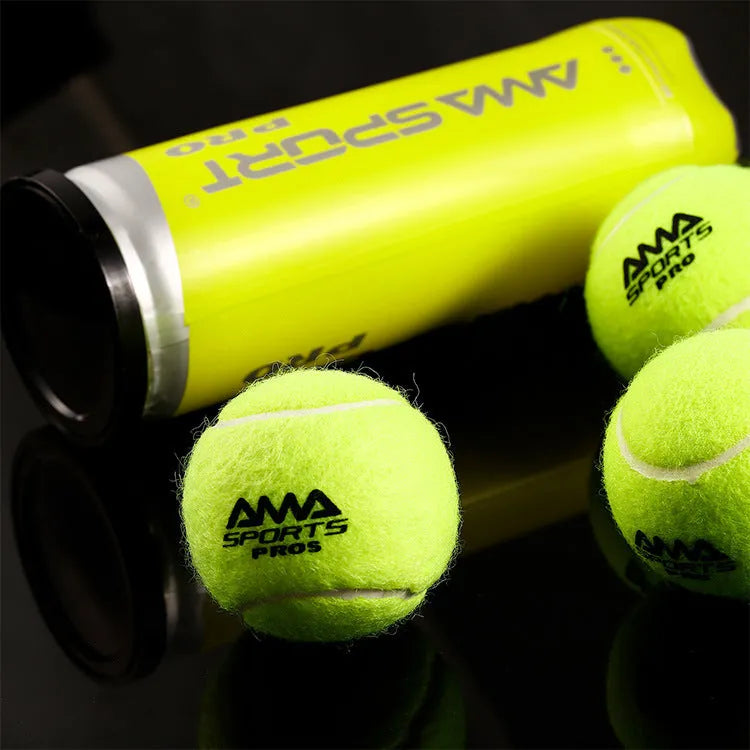 Three high elasticity tennis training balls in black, green and yellow colours for sports coaching