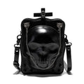Black vertical square PU leather crossbody bag with embossed skull design, stitching, rivets, and a chain strap.