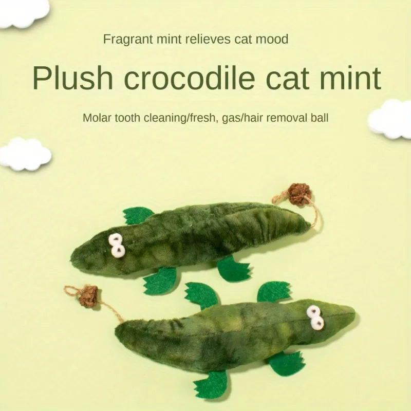 Green plush alligator cat toy with catnip and peppermint scent for oral cleansing and stress relief