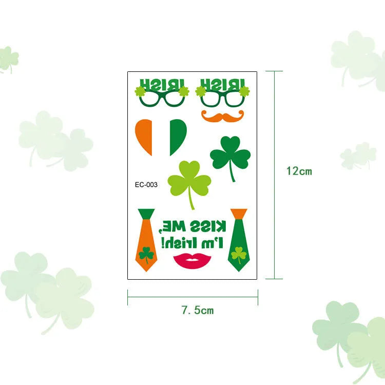 Children's temporary tattoo sticker with green Irish festival flag and clover design on paper.