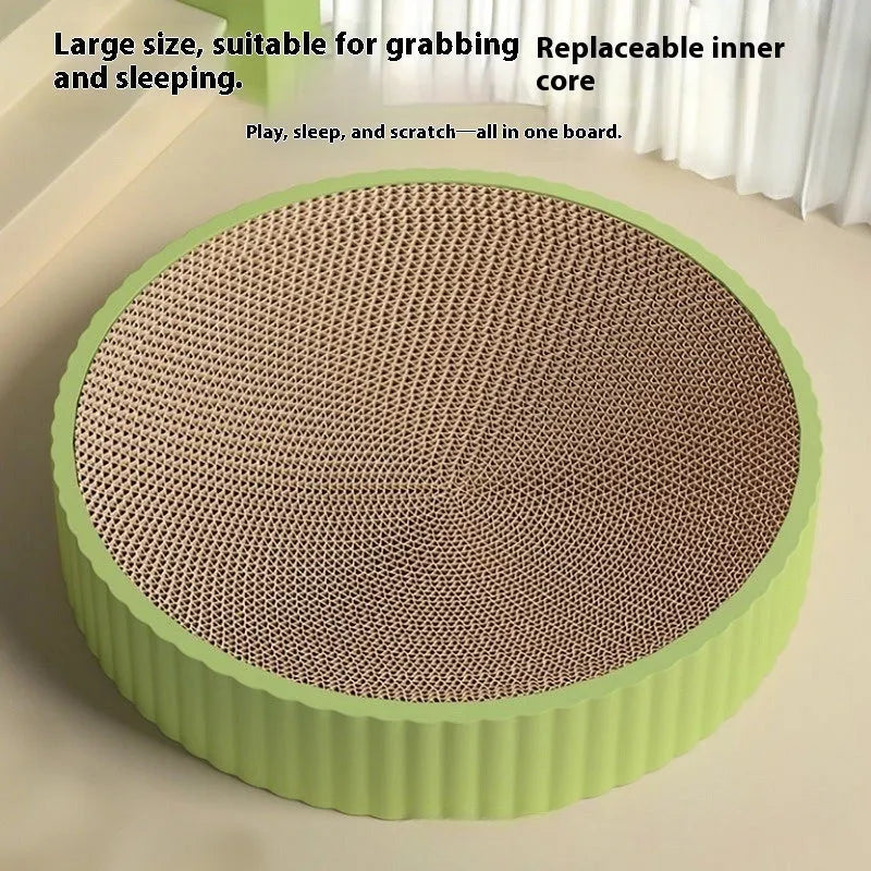 Round green and white cat scratching board bed with corrugated paper surface, 55 cm diameter