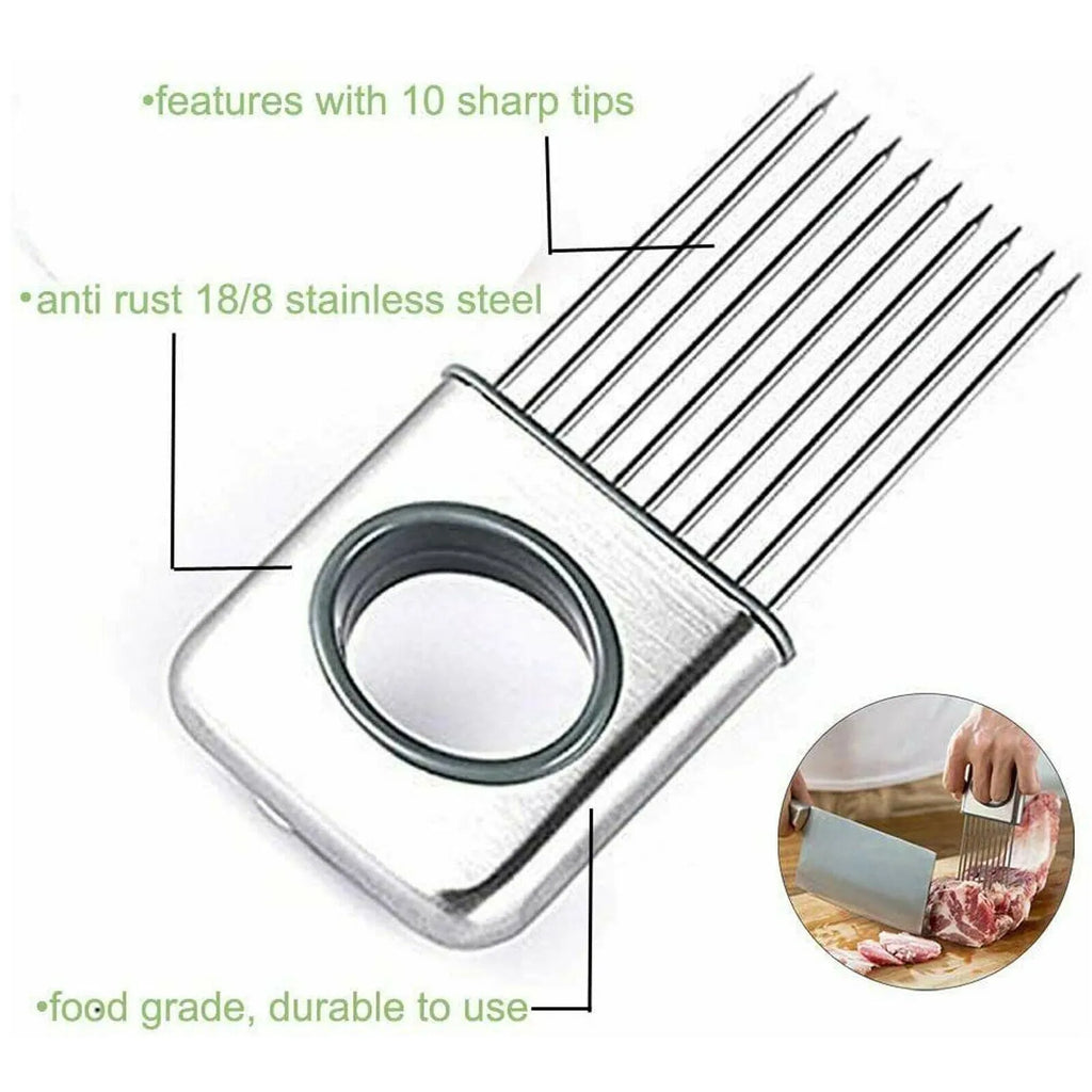 Stainless steel onion holder slicer kitchen tool with sharp prongs and finger guard on a cutting board.