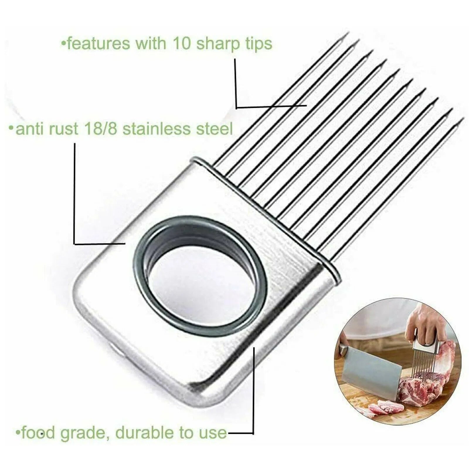 Stainless steel onion holder slicer kitchen tool with sharp prongs and finger guard on a cutting board.