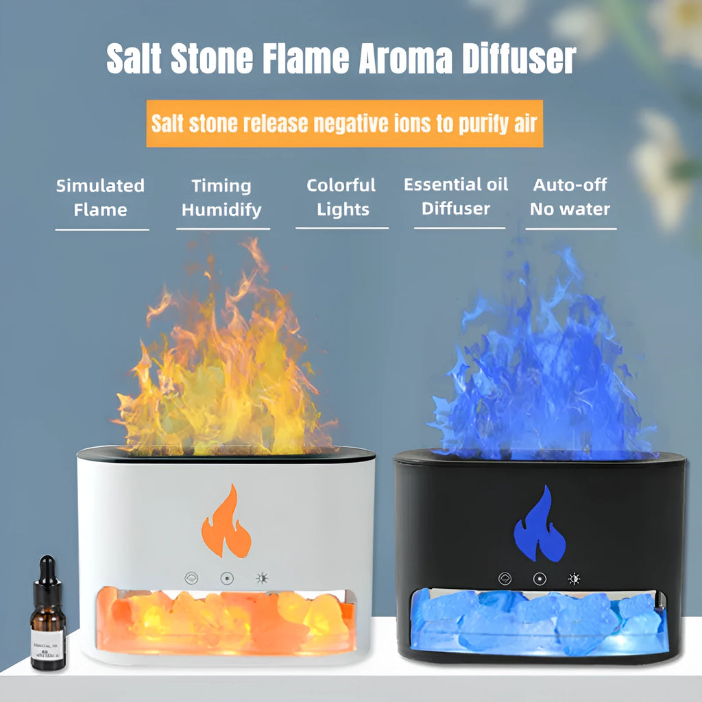 Square white desktop humidifier with colourful flame lighting effect and USB cable