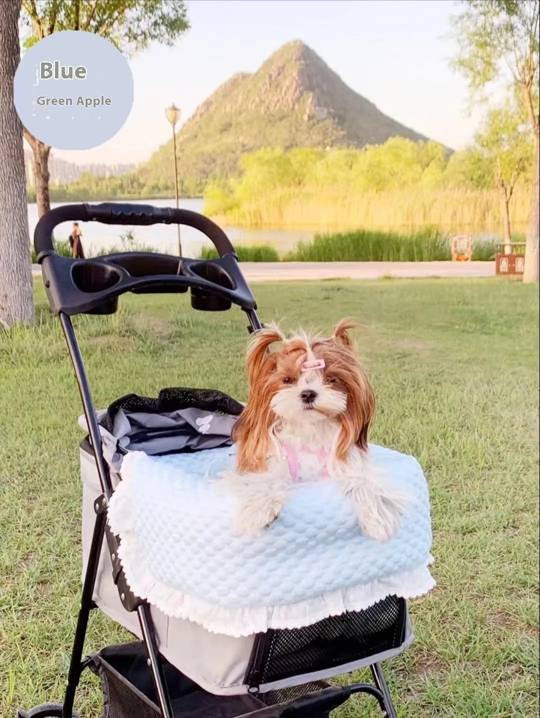 Pure cotton pet stroller cushion set showing removable towel, cushion, and pillow in floral pattern