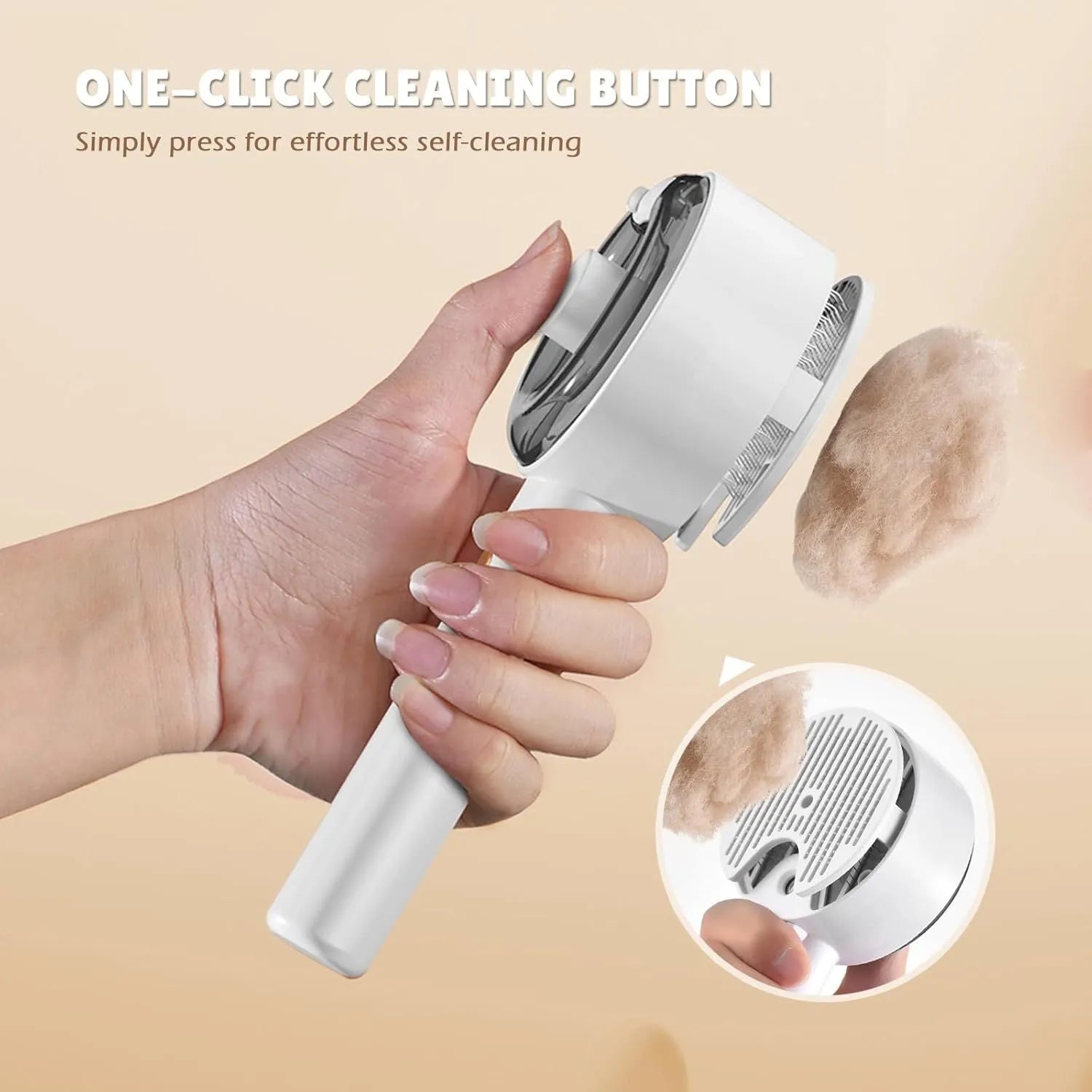 Pink and white cat steam brush with spray tank, stainless steel bent bristles, and a one-click hair removal button.