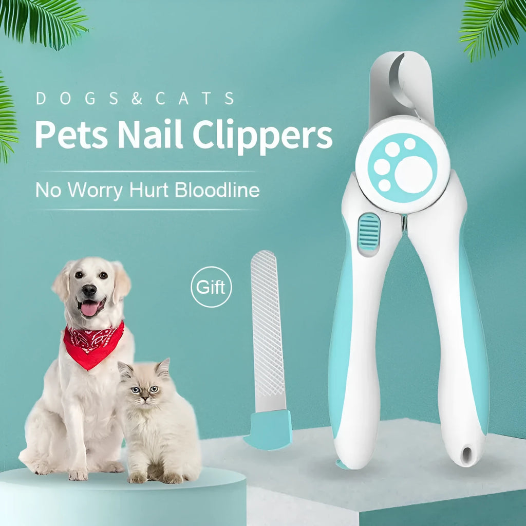 Blue and white pet nail clippers with safety guard and stainless steel blades
