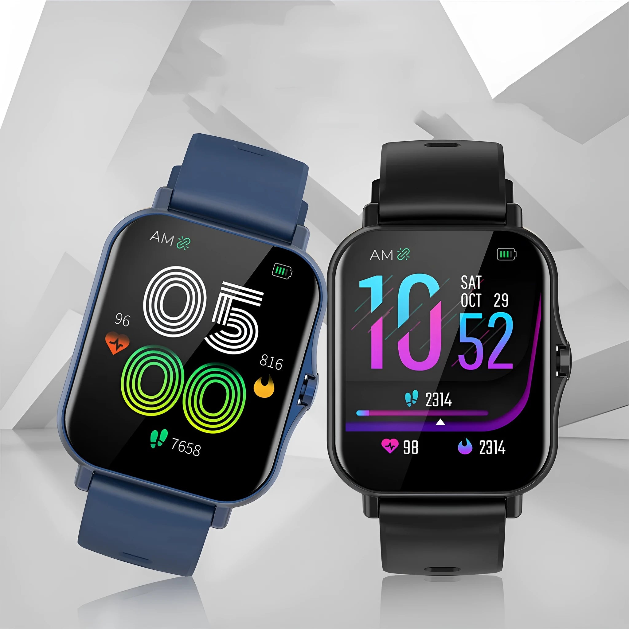 W10 Bluetooth smart watch showing heart rate monitor on blue wristband.