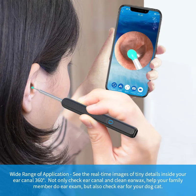 Black NE3 wireless otoscope ear cleaner with camera, Type-C cable, and four spoon heads on a white background.