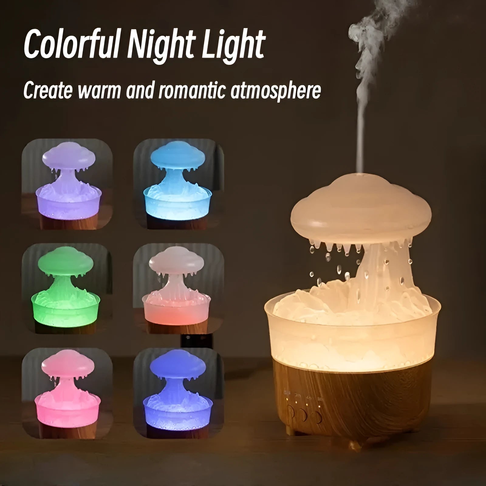Wood grain white rain cloud-shaped ultrasonic humidifier diffuser with LED lights on a table.