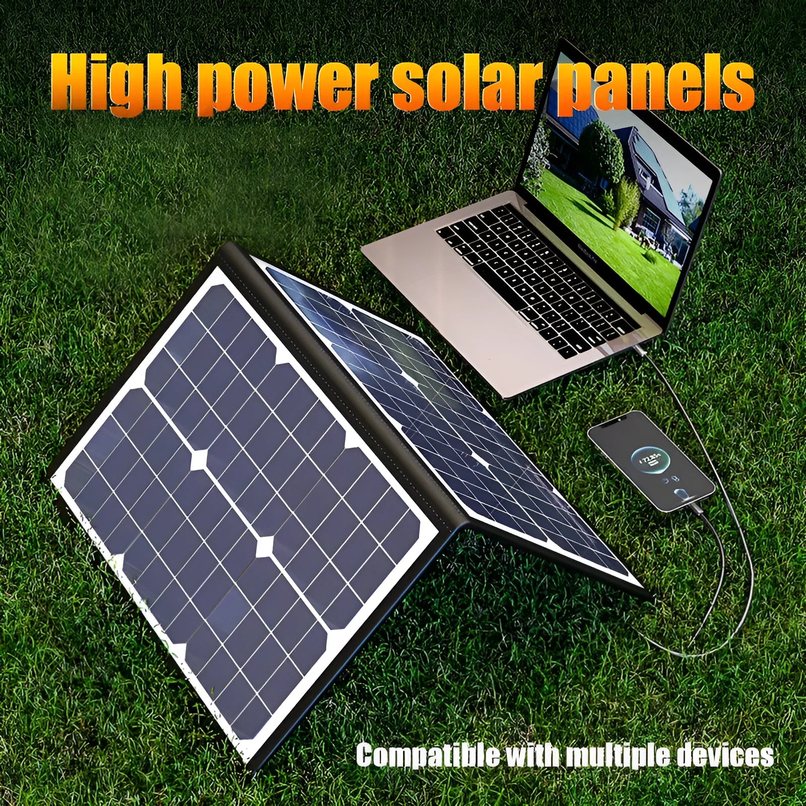 Black 40W folding solar charger bag showing compact folded size and single crystal panel.