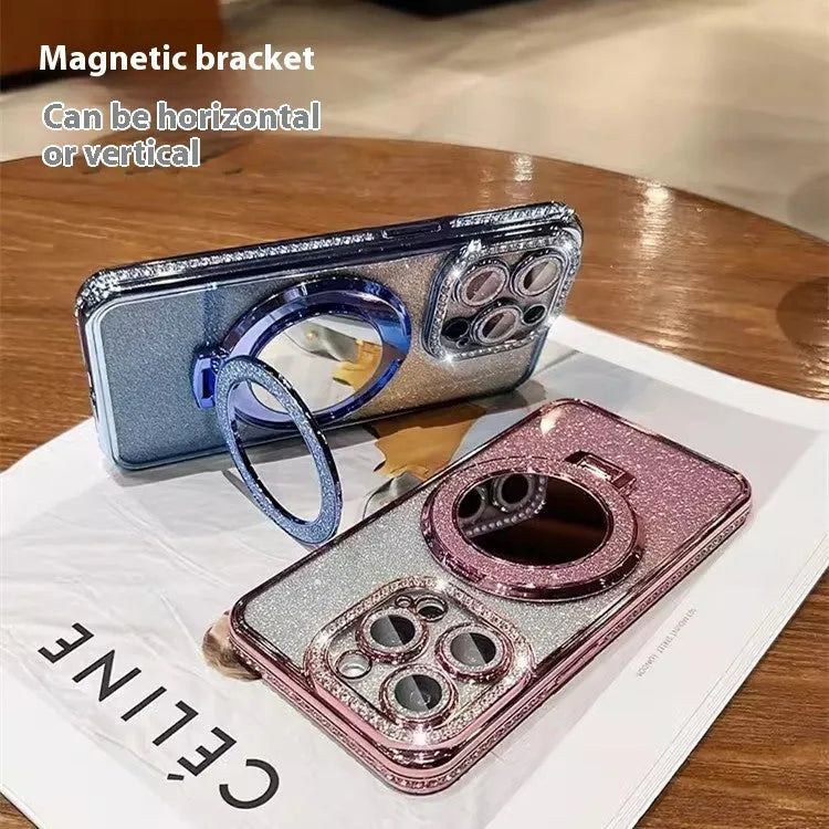 Glitter gradient iPhone case with built-in stand bracket in pink, blue, purple, silver, gold, and black colour options.