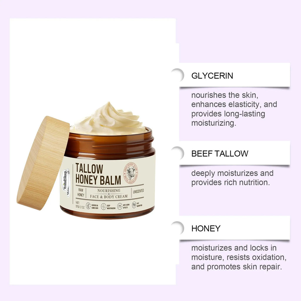 57g jar of tallow honey moisturising cream for dry skin relief and elasticity restoration