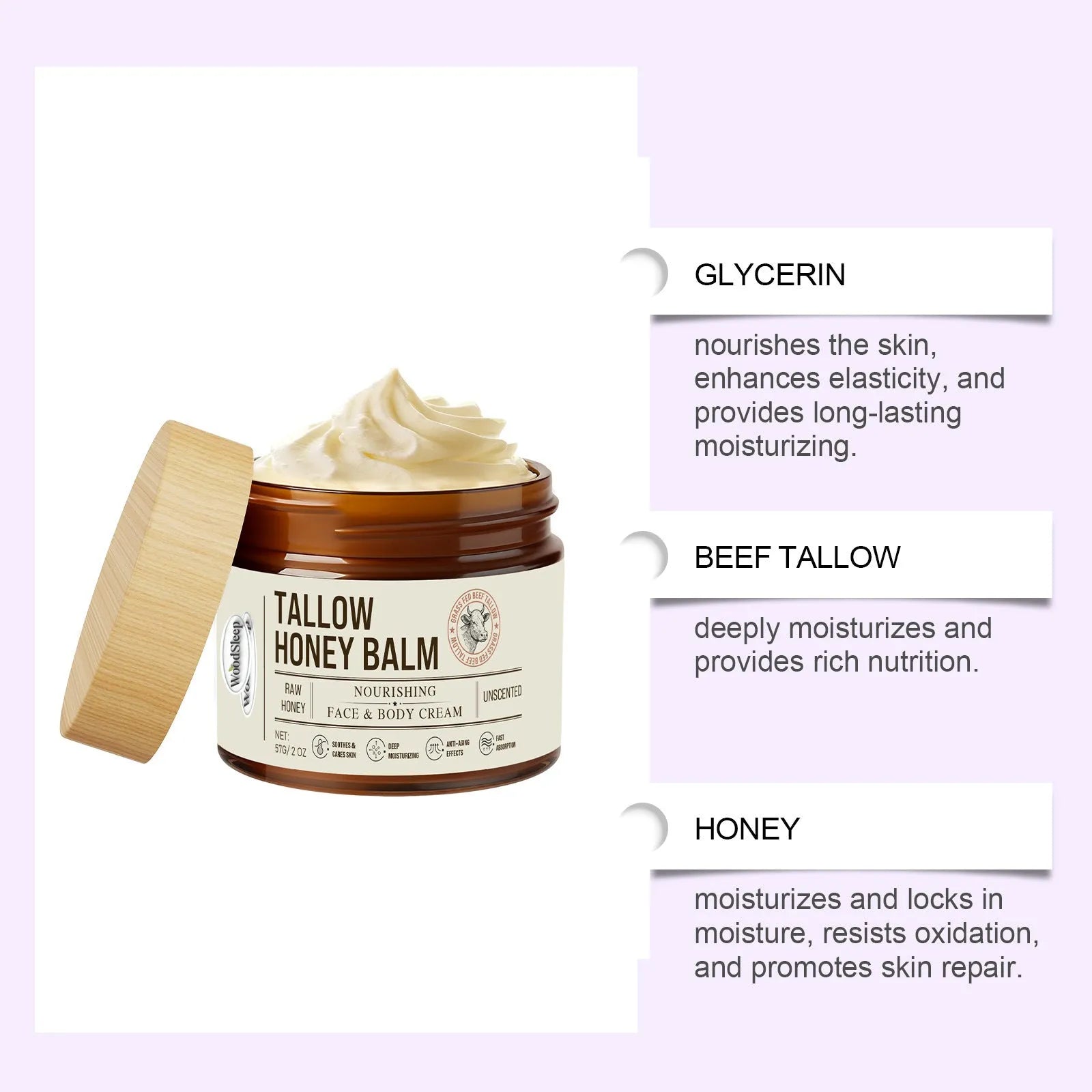 57g jar of tallow honey moisturising cream for dry skin relief and elasticity restoration
