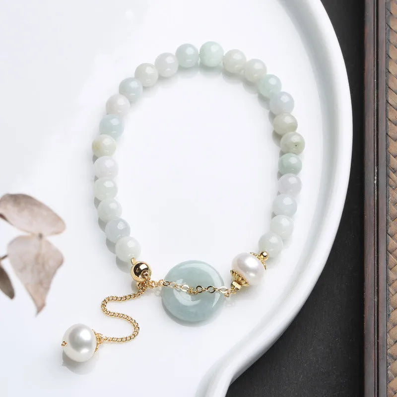Natural emerald green jade peace buckle pearl bracelet with geometric pendant for women