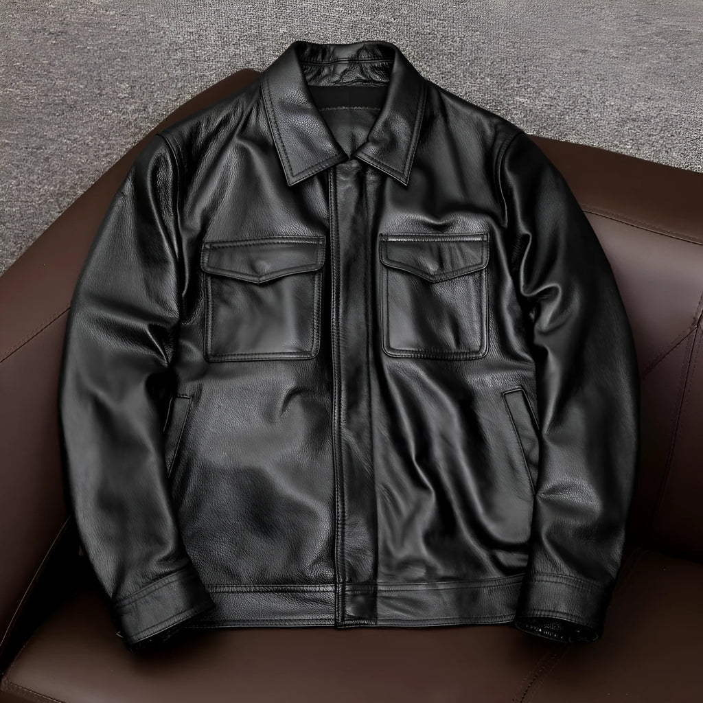 Men's black lapel leather jacket with side seam pockets in loose fit design