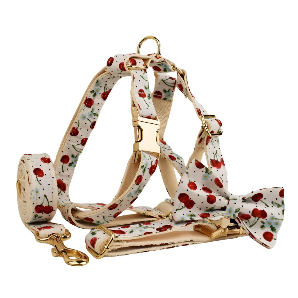 Red cherry printed dog collar and leash set with light gold buckle and decorative bow strap