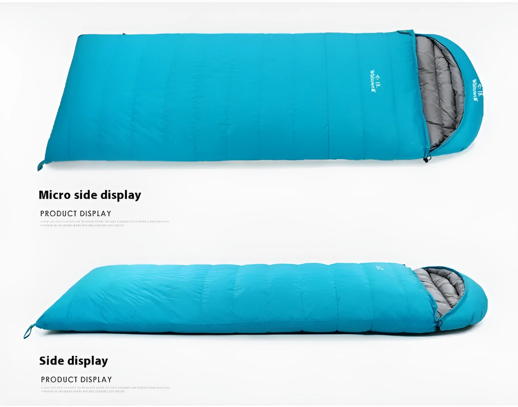 Black outdoor sleeping bag with envelope structure and white goose down filling.