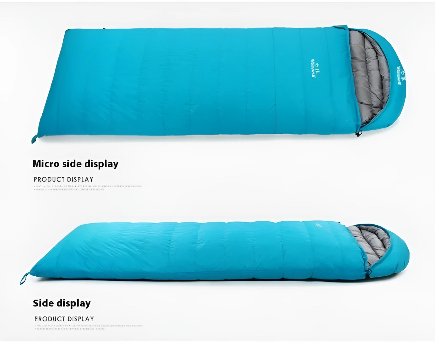 Black outdoor sleeping bag with envelope structure and white goose down filling.