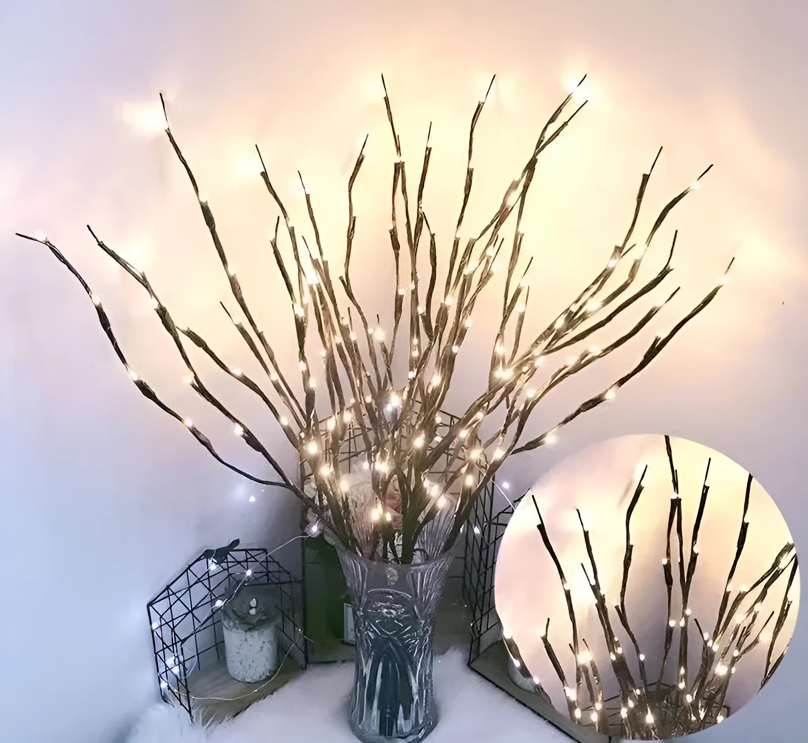 LED simulation branch tree light in vase with silver branches and multiple colour options