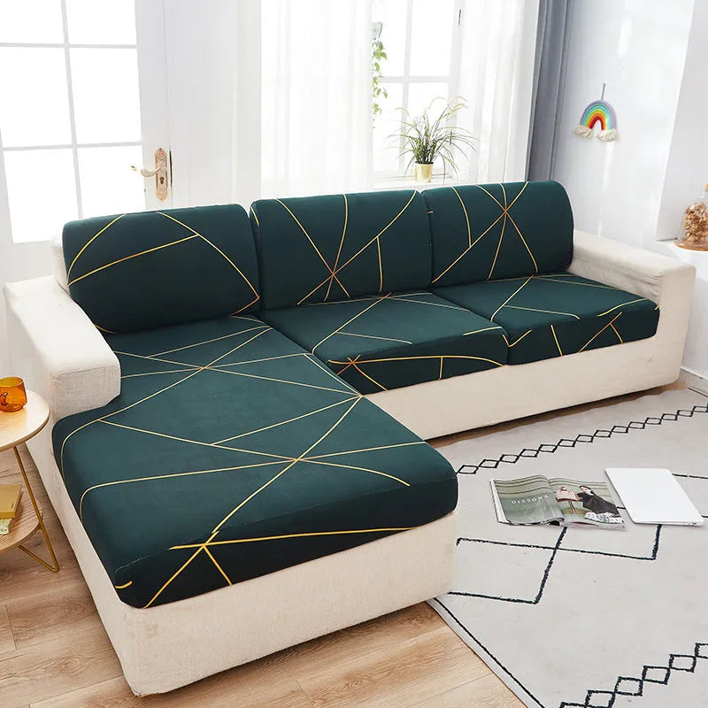 Printed non-slip polyester sofa seat cover with elastic edges in Happy Life Green colour on a single sofa