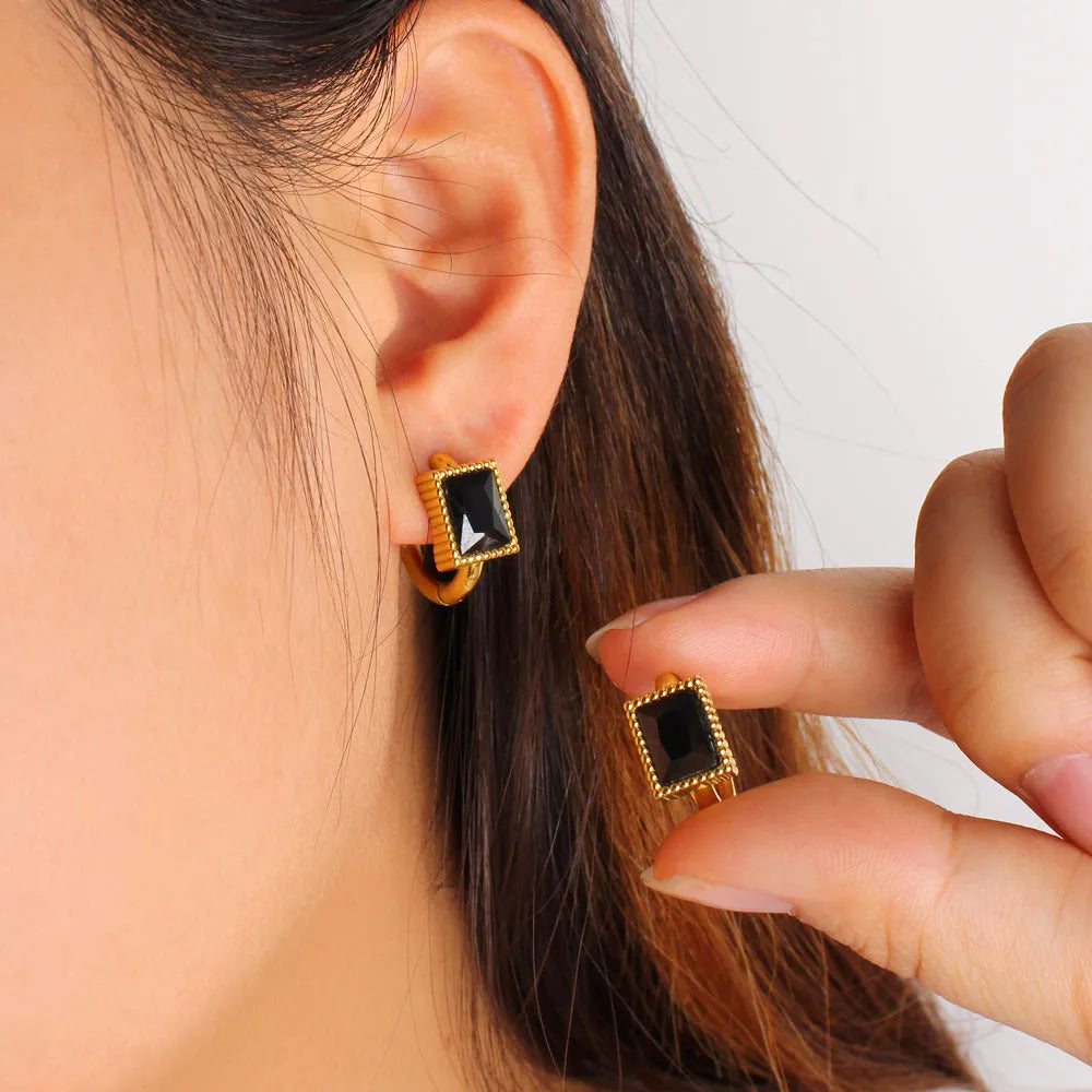 Square zircon geometric stainless steel earrings in white, black, or green colour on a white background.