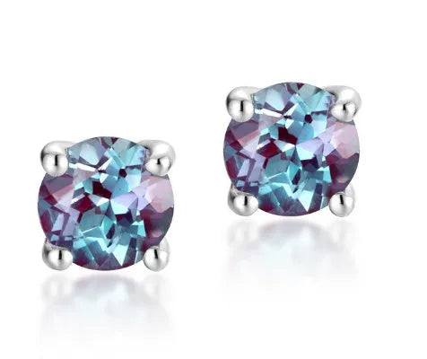 Simple geometric silver ear studs with a round Cultivate Alexandrite stone.