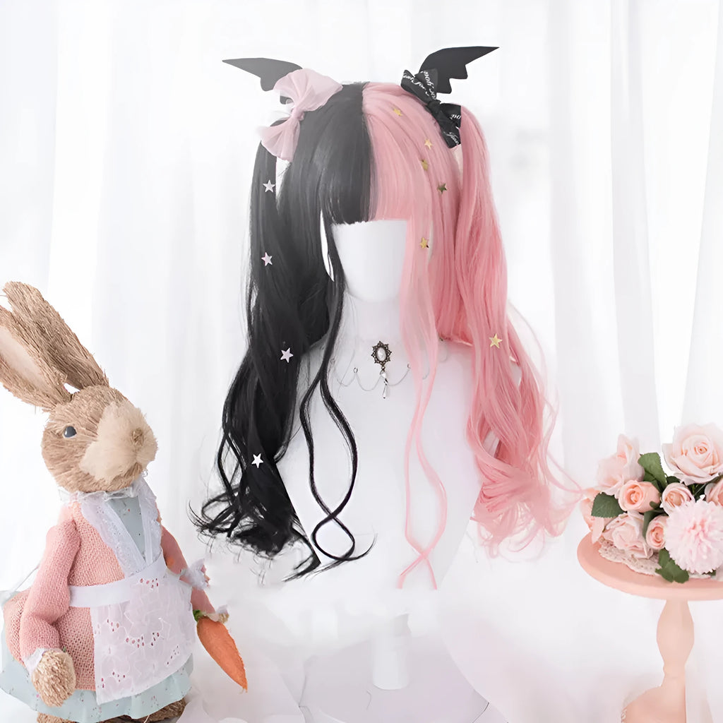 Harajuku Japanese Lolita cosplay wig with long Black Pink curly hair and fringe