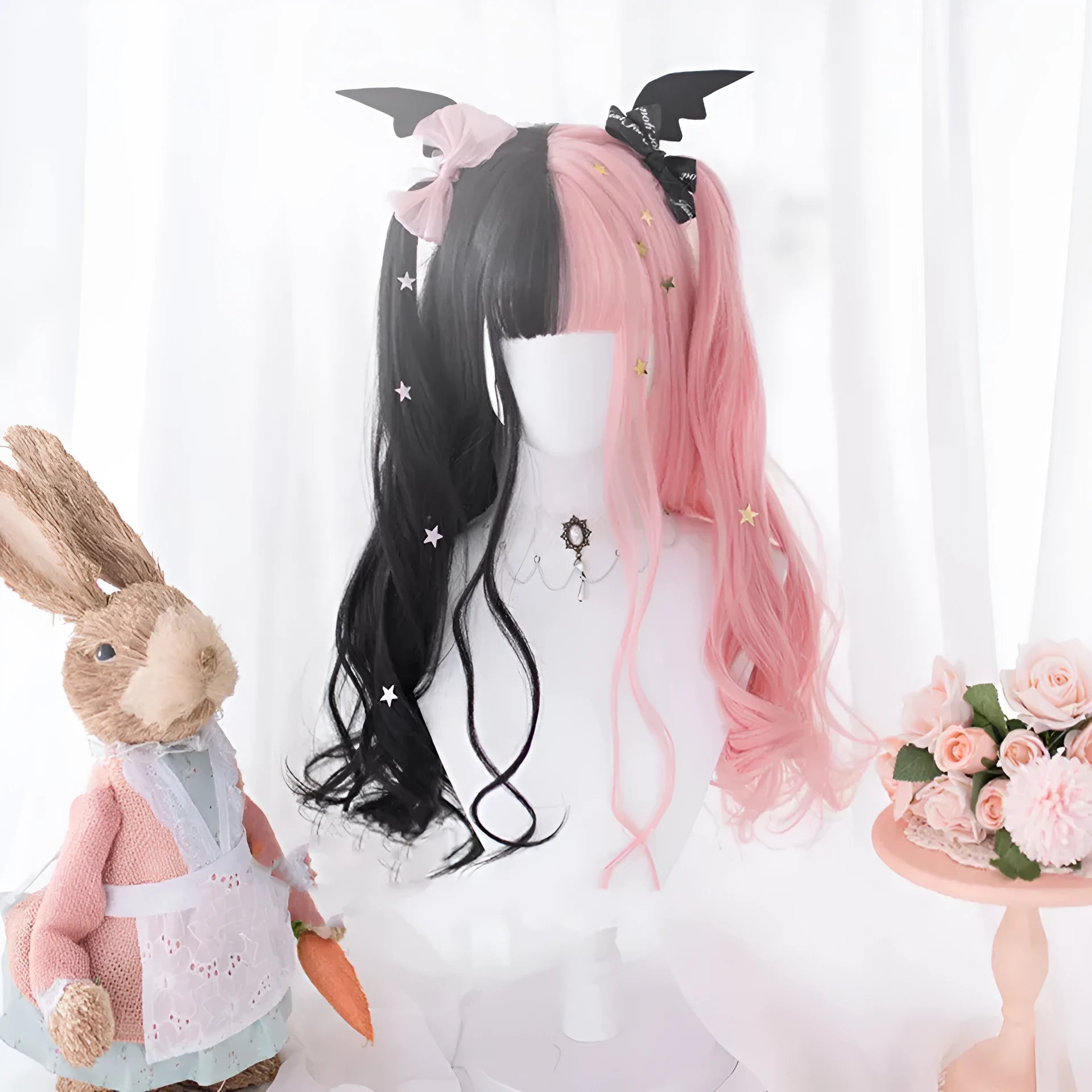 Harajuku Japanese Lolita cosplay wig with long Black Pink curly hair and fringe