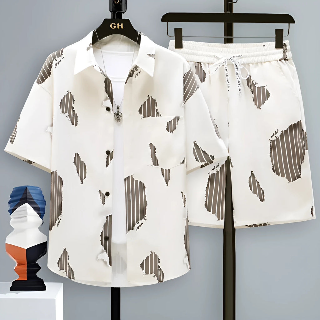 Men's casual polyester sports set with short sleeves and shorts in multiple colours.